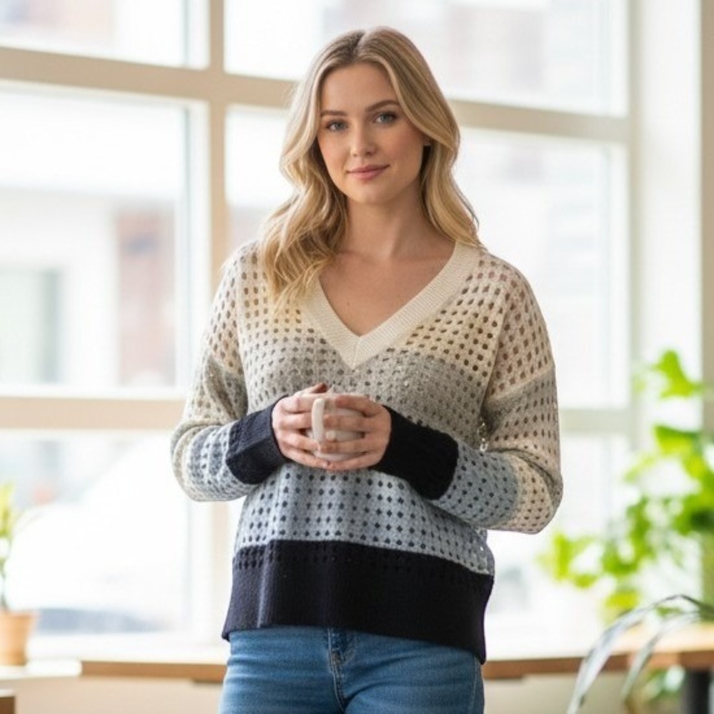 Brodie Cashmere Blue Cream Stripe Open Knit Pointelle V-Neck Sweater L
